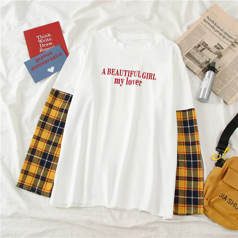 white Женская футболка с буквенным принтом, Harajuku Kawaii Ulzzang, топы, уличная одежда, 2 штуки, клетчатые рукава, футболка для друзей, Femme - Цвет: white
