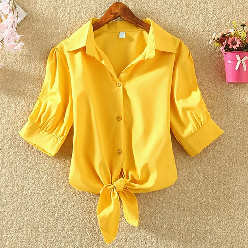 Yellow Топ, кимоно, летняя женская блузка, рубашки, повседневные Полосатые блузки, рубашка с бантом, Blusas свободного размера плюс, женская одежда 4xl, топы - Цвет: Yellow