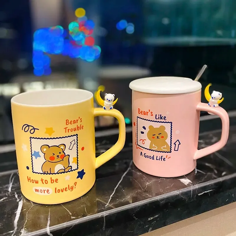 Керамическая кружка с милым медведем 420 мл ложкой и крышкой кавайное украшение в