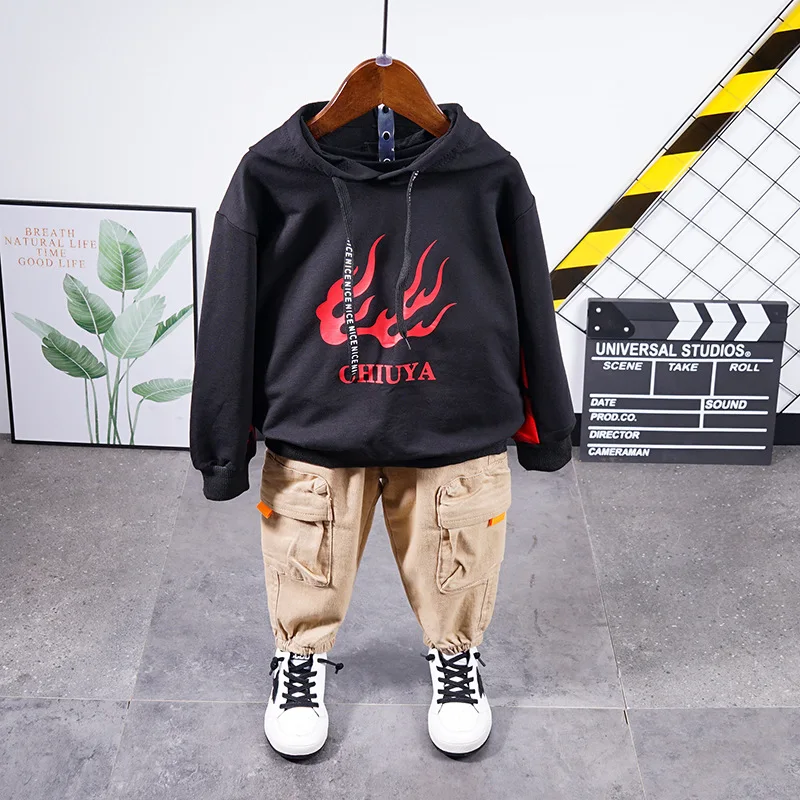 

Spring Fashion Girl Boys Clothing Sets Long Sleeve Hoodie+ Cargo Pants Unisex Suits 2pcs Leisure Children Clothes For Kids Suit
