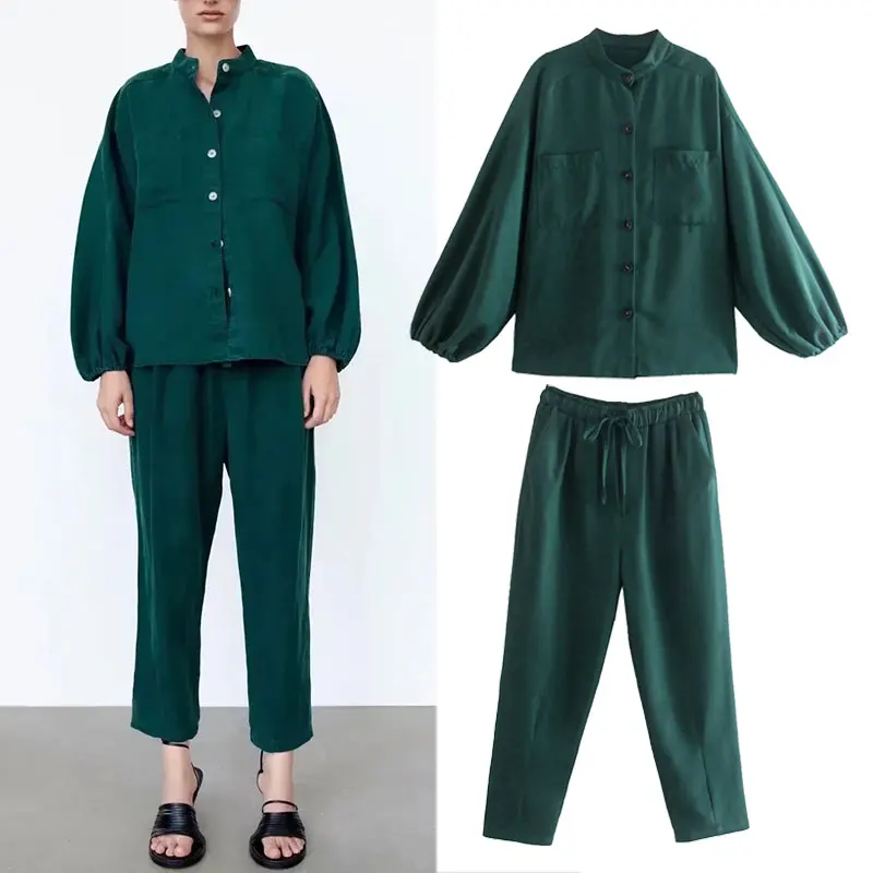 

Женский винтажный брючный костюм Za, повседневный свободный комплект из 2 предметов с эластичной высокой талией, 2021