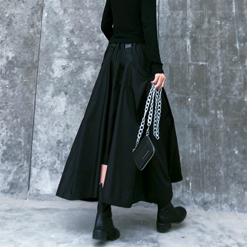 Готическая Черная длинная юбка Женская средней длины с высокой талией весенне
