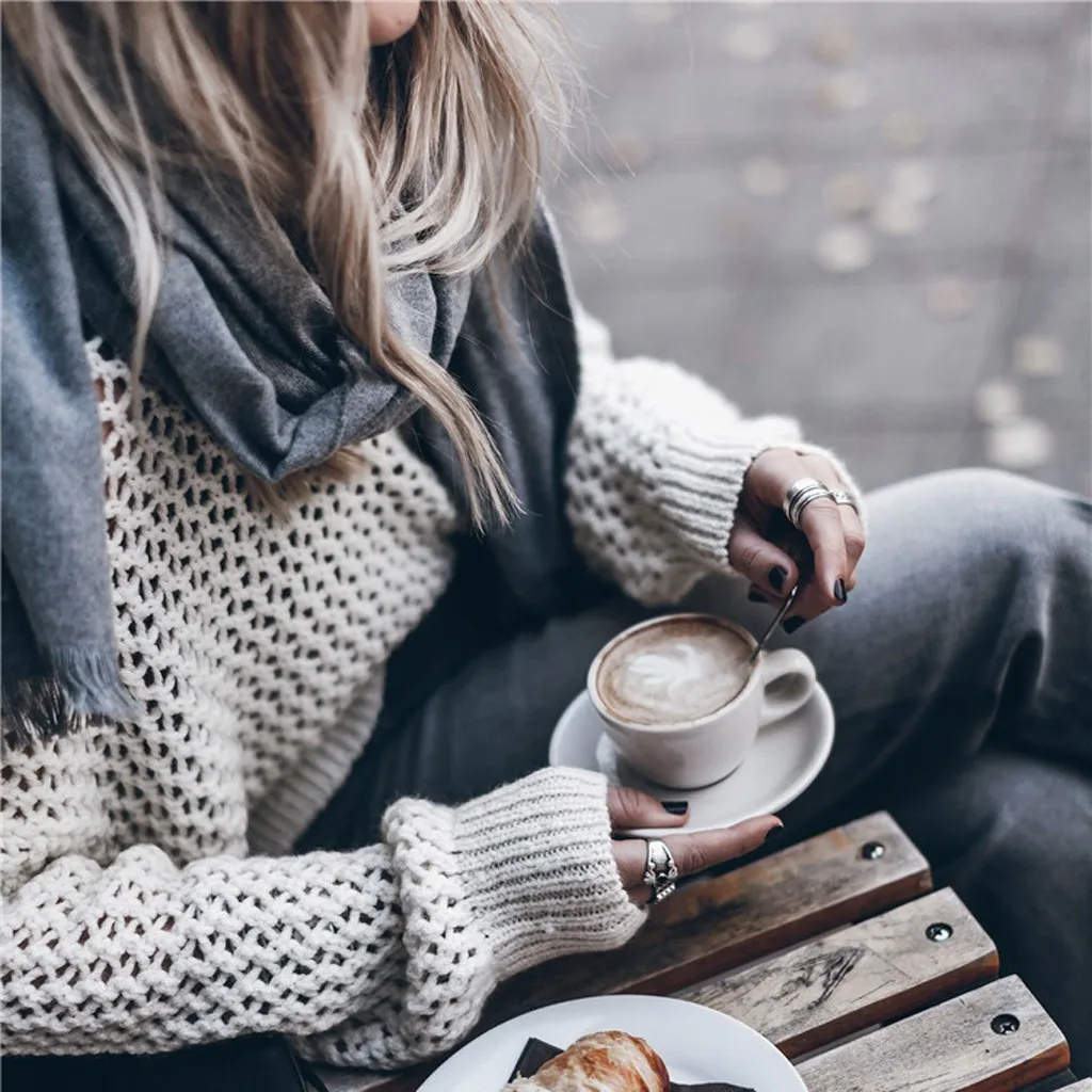 Женский пуловер с длинным рукавом однотонный трикотажный свитер круглым вырезом