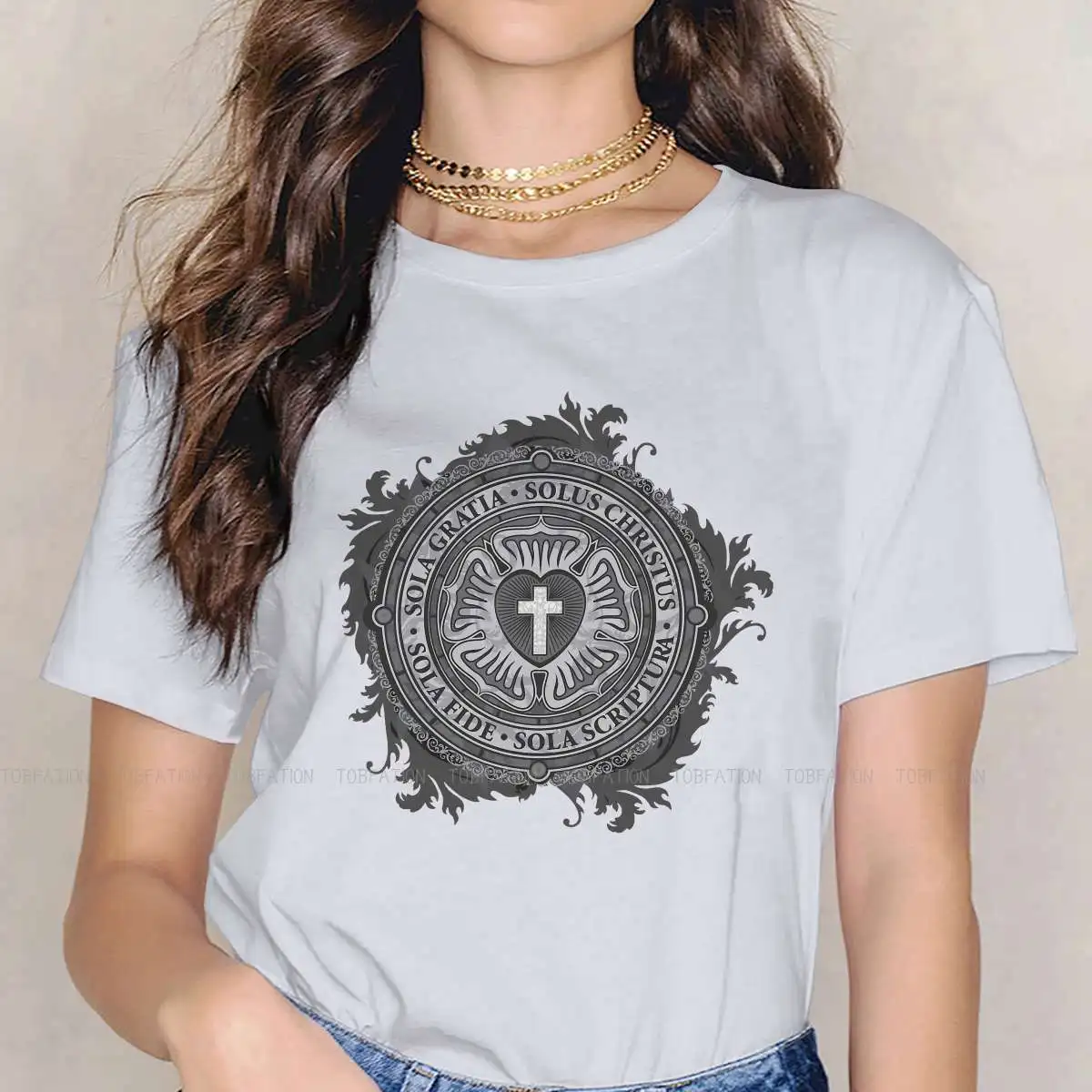 

Luther Rose Christian Luther Seal Casual TShirt Christian Faith Cross Printing Streetwear Leisure T Shirt Female Special 5XL