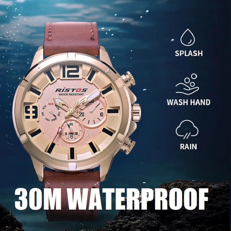Оригинальные мужские наручные часы RISTOS с календарем спортивные кварцевые