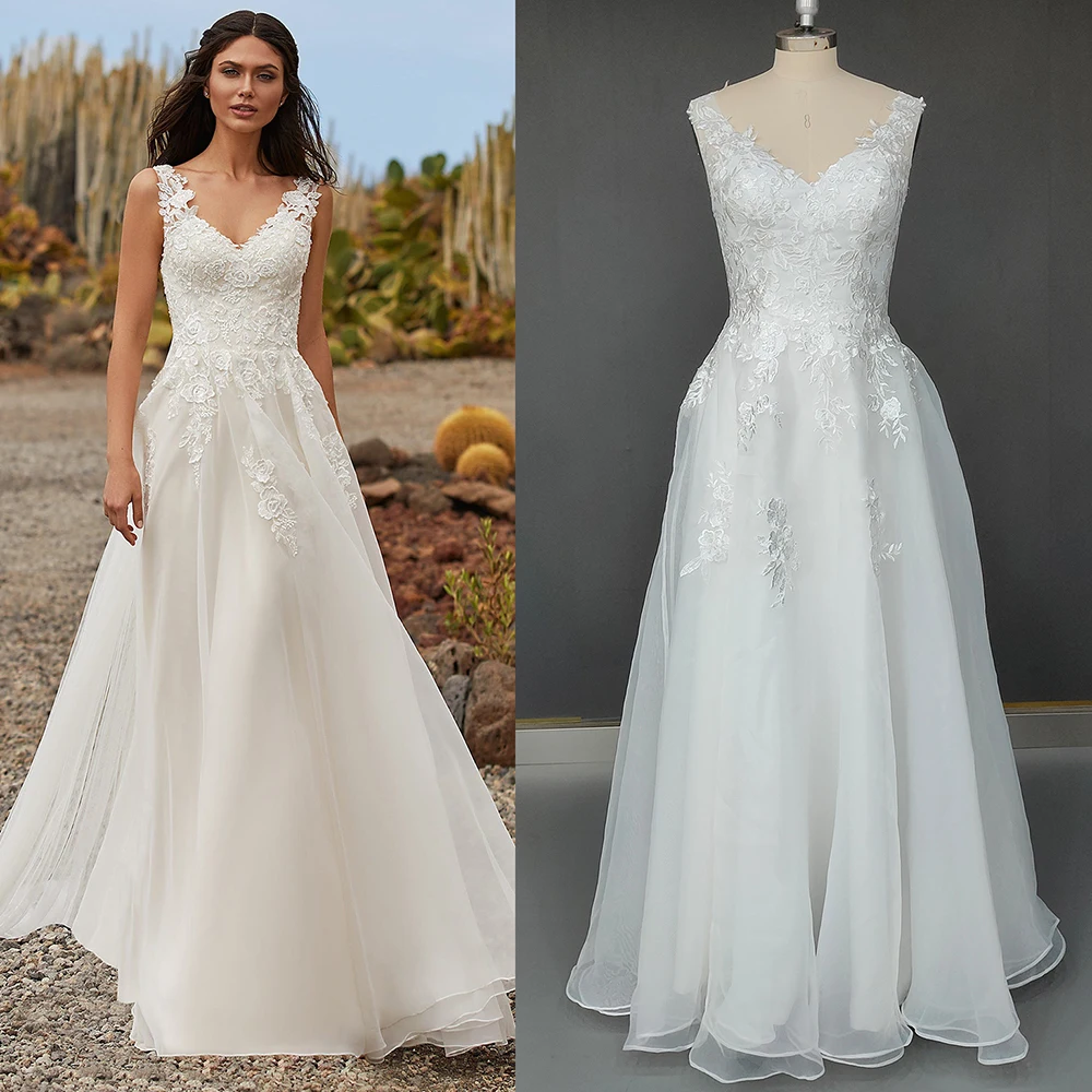 

Real Photos V-Neck Tulle Appliqued Beach Wedding Dress Transparent Back Floor Length Princess Lace Luxury Photoshoot Bridal Gown
