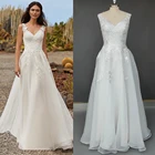 Прозрачное кружевное свадебное платье принцессы, с V-образным вырезом и аппликацией