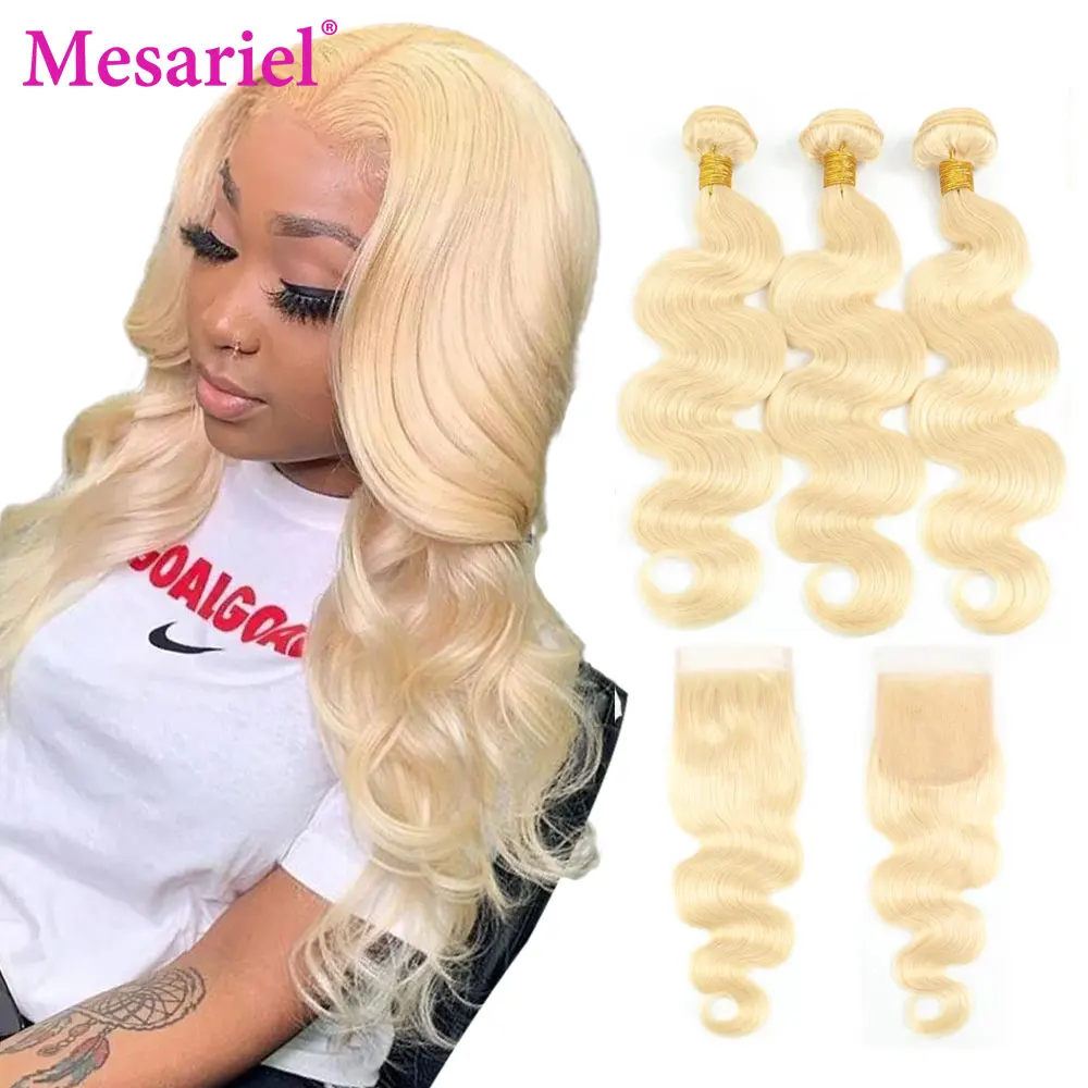 Mesariel блондин человеческие волосы пряди с закрытием кружева малайзийские