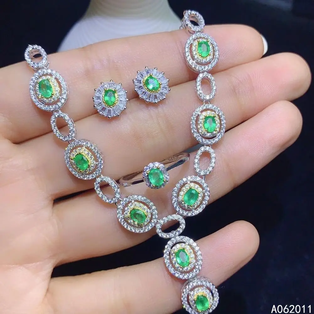 

KJJEAXCMY fine jewelry natural Emerald 925 sterling silver classic girl pendant necklace chain earrings ring set support test