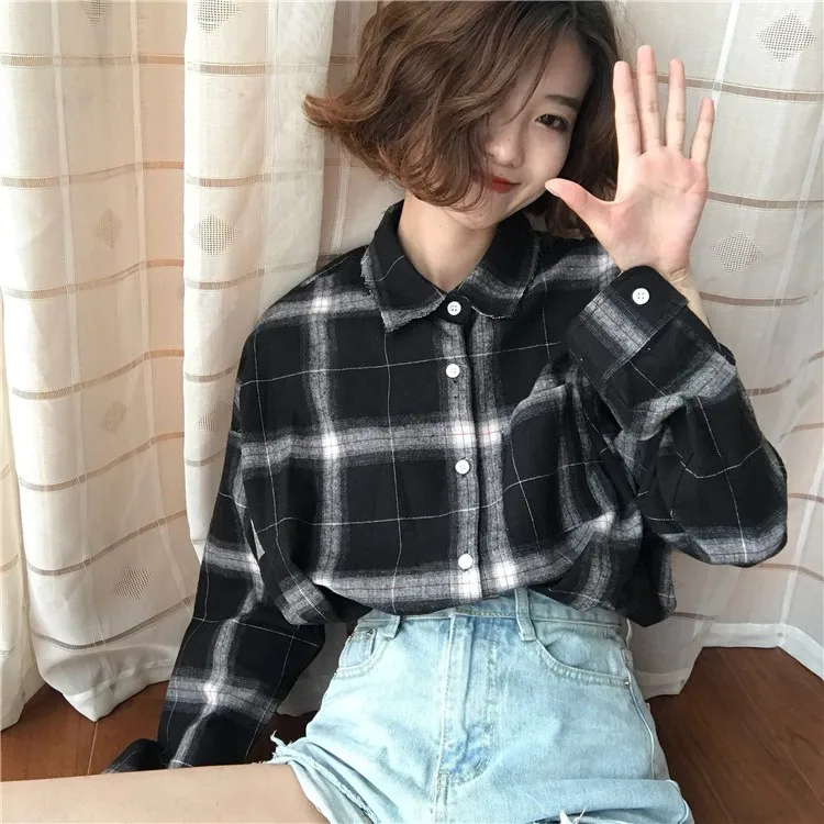 8286 blue Женские рубашки, классические, Ретро стиль, элегантные, с отложным воротником, с карманами, в клетку, женская рубашка с длинным рукавом, для отдыха, свободный, корейский стиль, для девушек - Цвет: 8286 blue