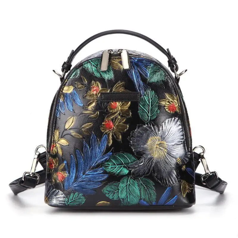 

Hand Painted Small Travel Backpack 2021 New Retro Genuine Leather Embossing Cowhide Shoulder Bag Women Mini Backpack