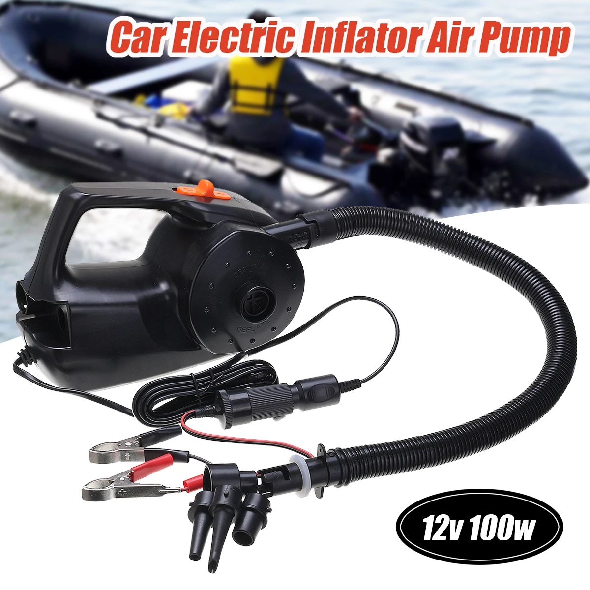 

12V 100W Car Rechargable Pump Electric Inflatable Air Pump For Kayak Boat Swimming Pool Air Cushions Ball Auto Portable Blower
