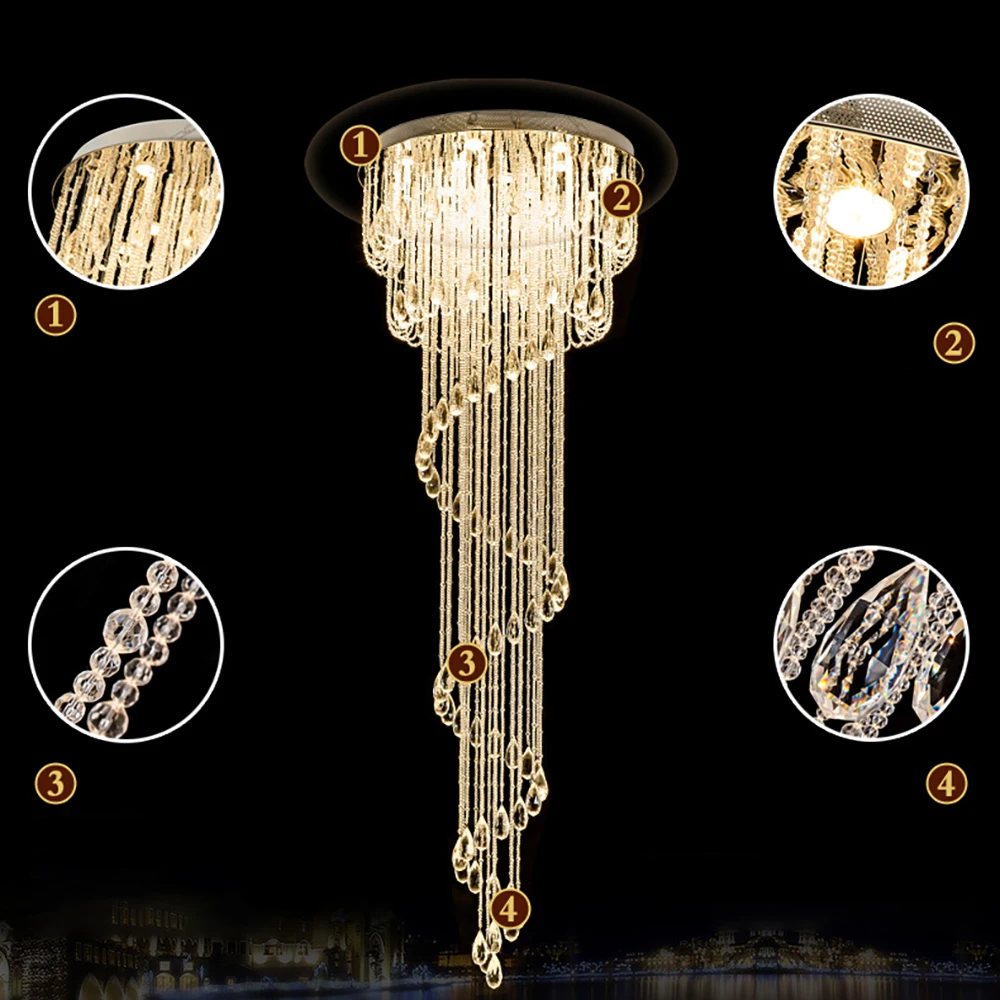

New Modern Double Spiral Staircase Lustre Crystal Ceiling Chandelier Loft Restaurant Hotel Hall Long Illumination Lights