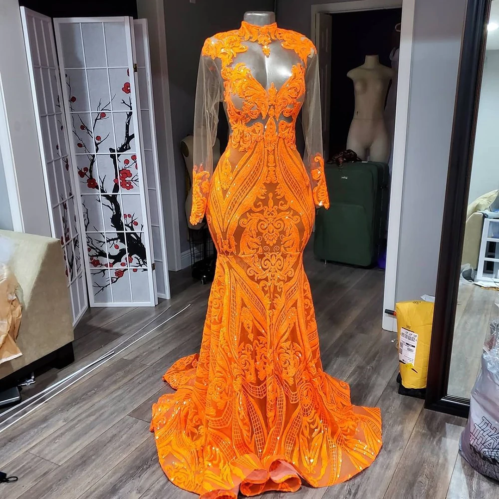 Billig Lange Ärmeln Sparkly Pailletten Party Prom Kleid Afrikanischen Stil Schwarz Mädchen Konzipiert Sehen Durch Top Orange Meerjungfrau Prom Kleider 2021