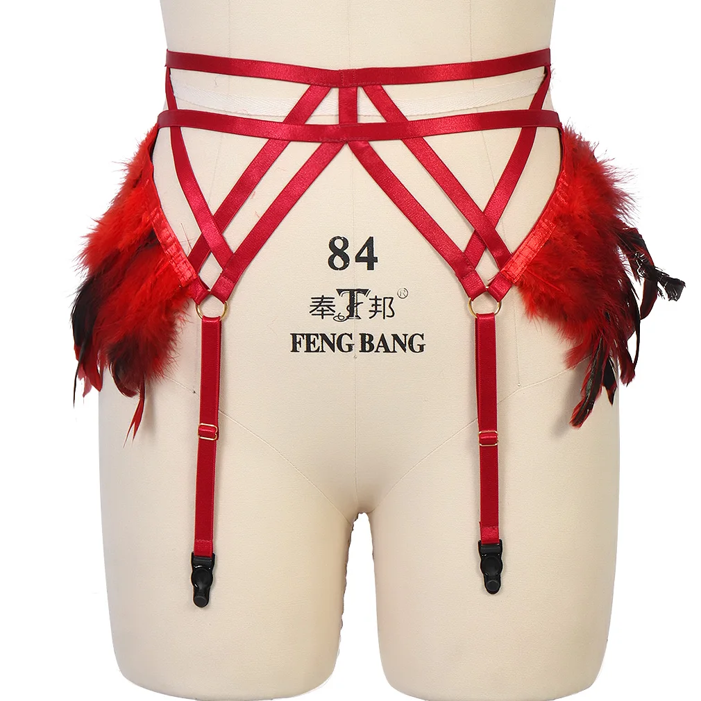 

Women Red Feather Garter Waist Harness Cage Punk Goth Sexy Body Bondage Party Dance Rave Strappy Plus Size Suspender Stocking