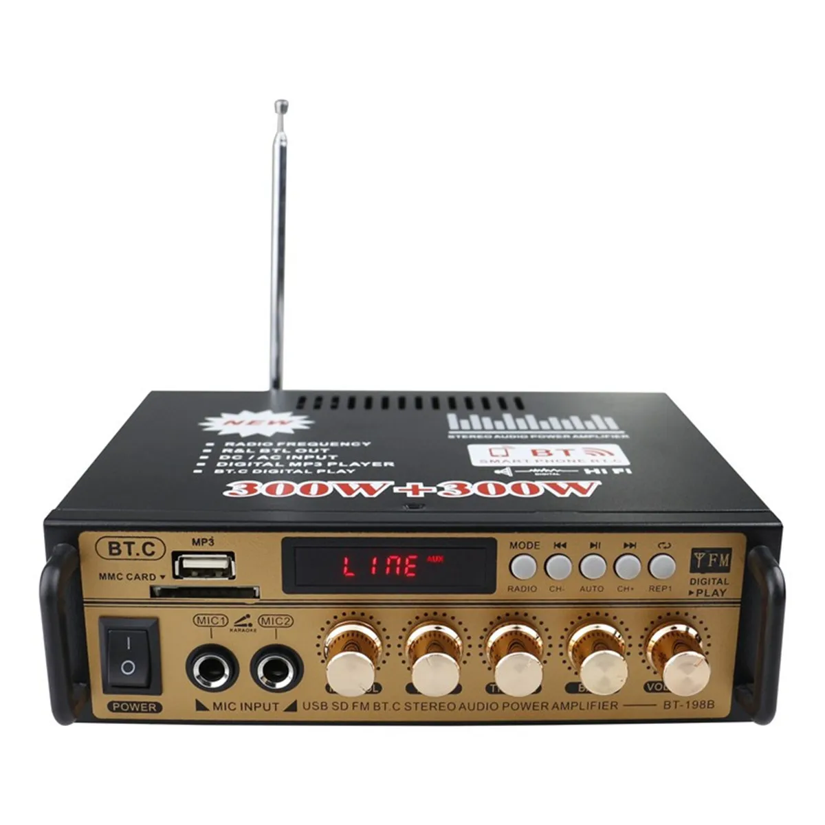 Мини стерео Hi-Fi усилитель звука для автомобиля и дома 300 Вт + bluetooth 5 0