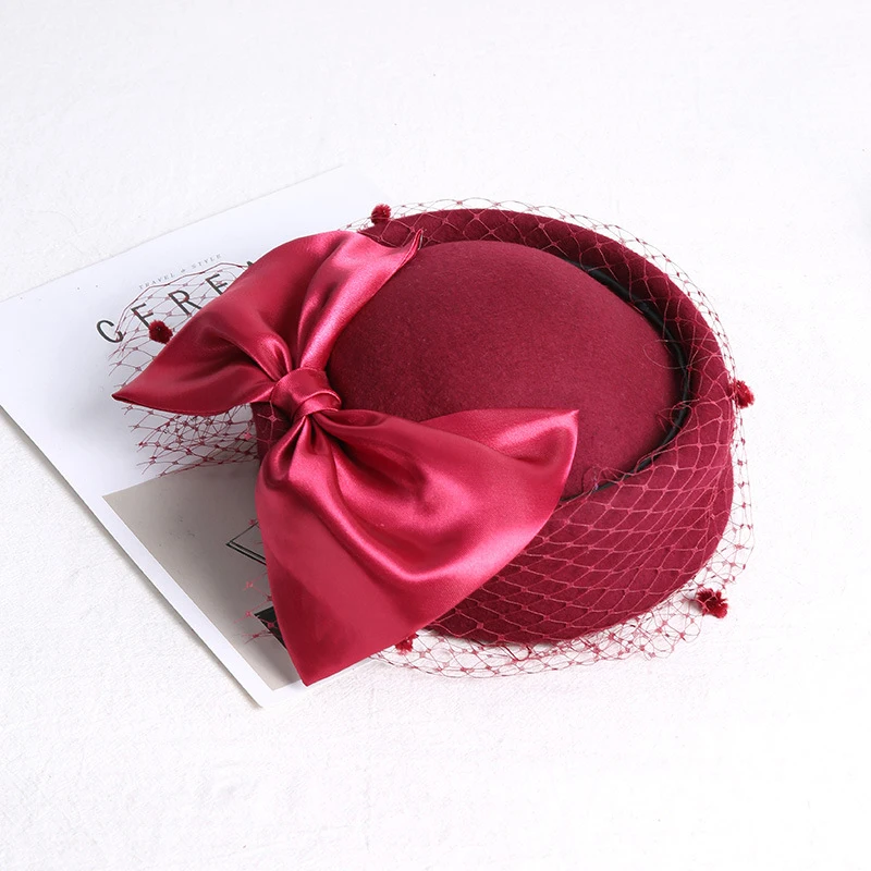 

2019 Adjustable Fascinating Fedoras Elegant Female Wool Felt Mesh Bow Floral Formal Berets Fedora Hats for Women Berets LM012