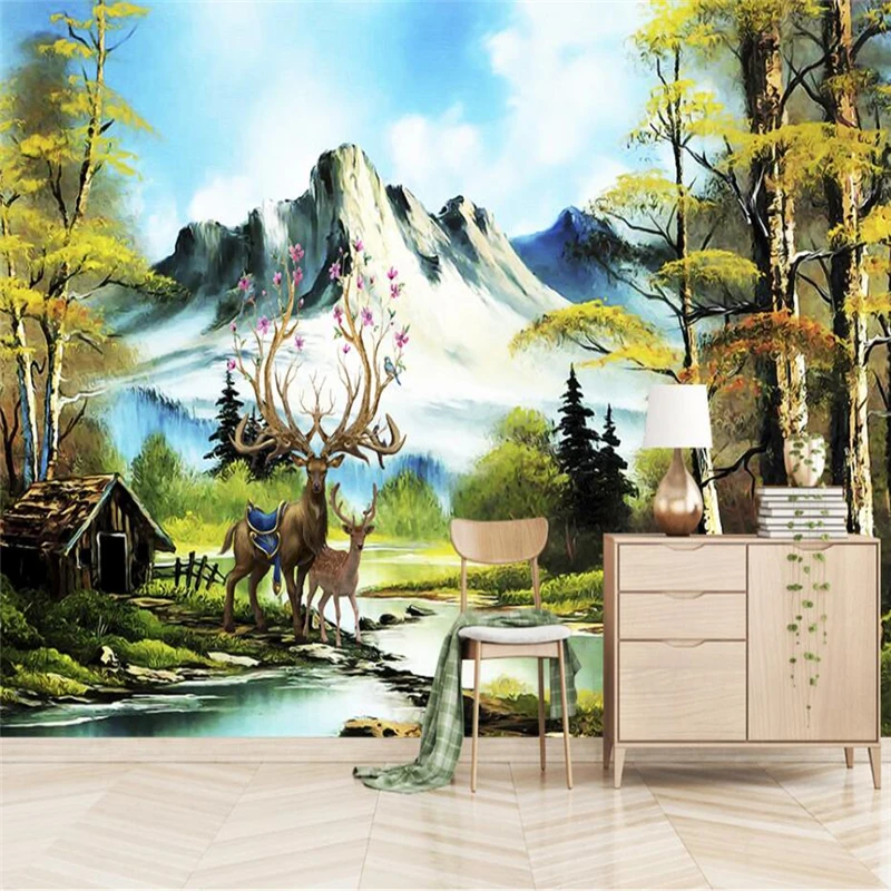 Customize European Landscape Mountain Elk Forest Oil Painting Wall Custom Large Mural Green Wallpaper papel de parede | Обустройство