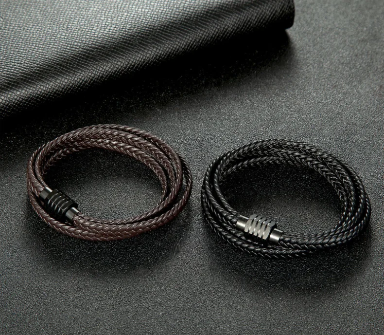 

New Fashion Stainless Steel Charm Magnetic Black Men Bracelet Leather Genuine Braided Punk Rock Bangles Jewelry Accessories Frie