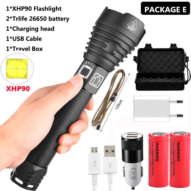 Option E Самый мощный светильник XHP90 светодиодный вспышка светильник USB масштабируемый фонарь 3 режима лампы 18650 26650 Перезаряжаемые Батарея для кемпинга - Испускаемый цвет: Option E