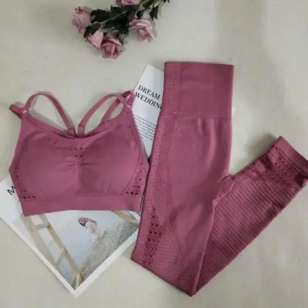 1728 pink sets Бесшовный комплект для йоги, женская одежда для фитнеса, спортивная одежда, женские леггинсы для спортзала, мягкий пуш-ап спортивный бюстгальтер на бретелях, 2 шт., спортивные костюмы - Цвет: 1728 pink sets
