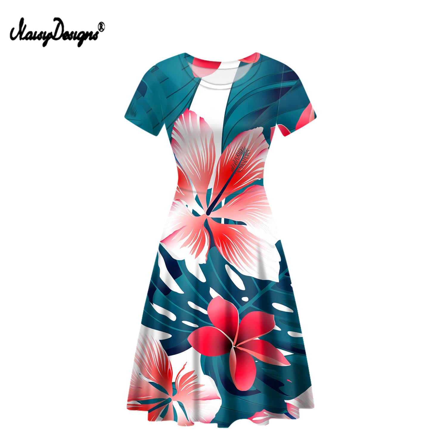 

NOISYDESIGNS Hawaiian Style Woman's Dress Round Neck Female Dresses Tropical Hibiscus Floral Print Fashion Elegant Lady Vestidos