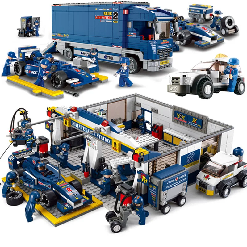

F1 Formula Car Transport Service Station Model Kits Diy Educational Assemble Building Blocks Bricks Toys For Children Gifts K22