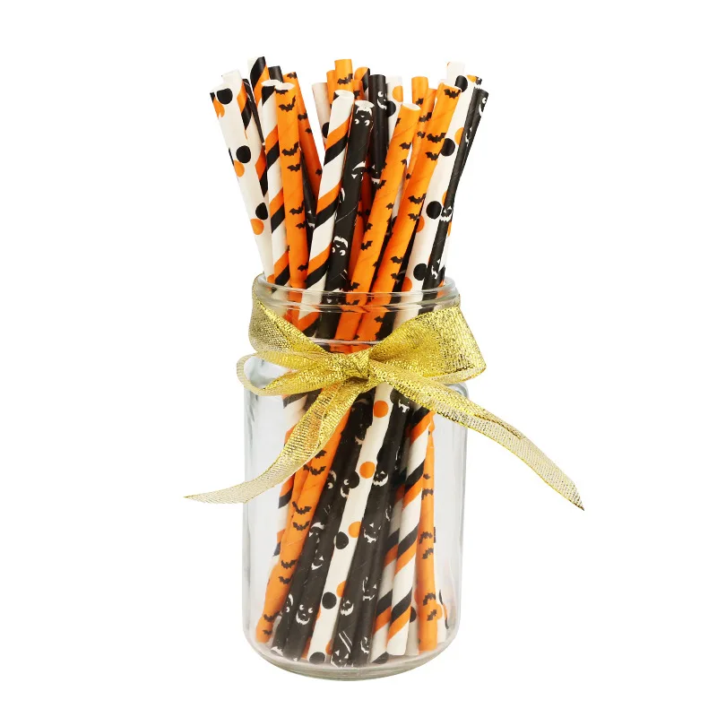 

10000 pcs Halloween Paper Straws Bulk Biodegradable Disposable Drinking Black White Orange Bat Striped Ghost for Party Supplies