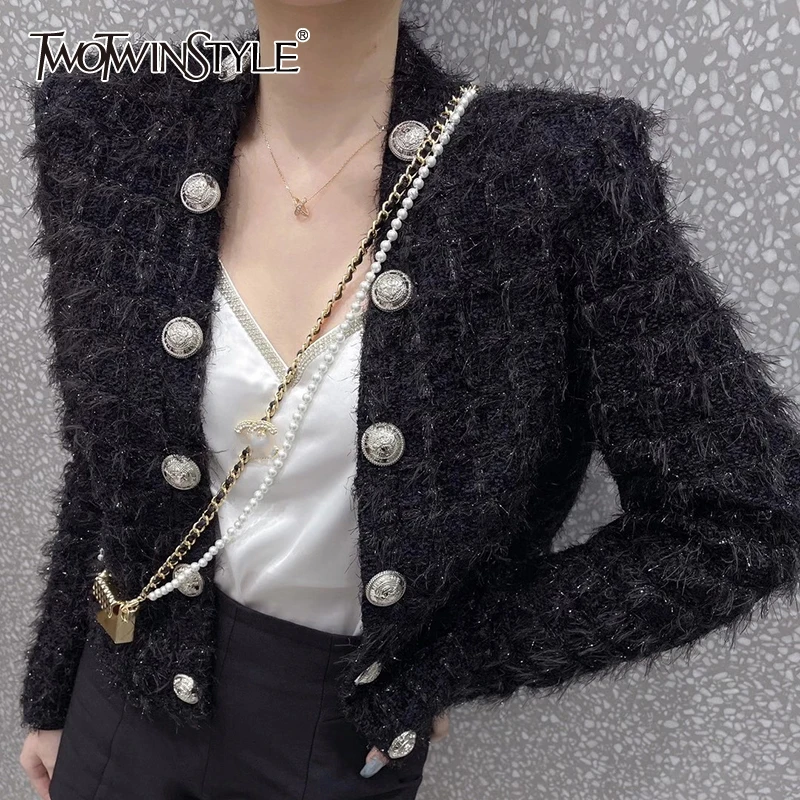 

TWOTWINSTYLE Casual Solid Loose Buttons Jackets Female V Neck Long Sleeve Pocket Temperament Fashion Coat For Women Autumn Style