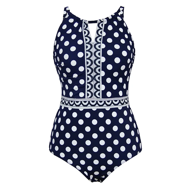Navy Dot PERONA, женские слитные купальники, контроль живота, купальники для похудения, купальники, круглый вырез, Холтер, пляжная одежда размера плюс, монокини - Цвет: Navy Dot