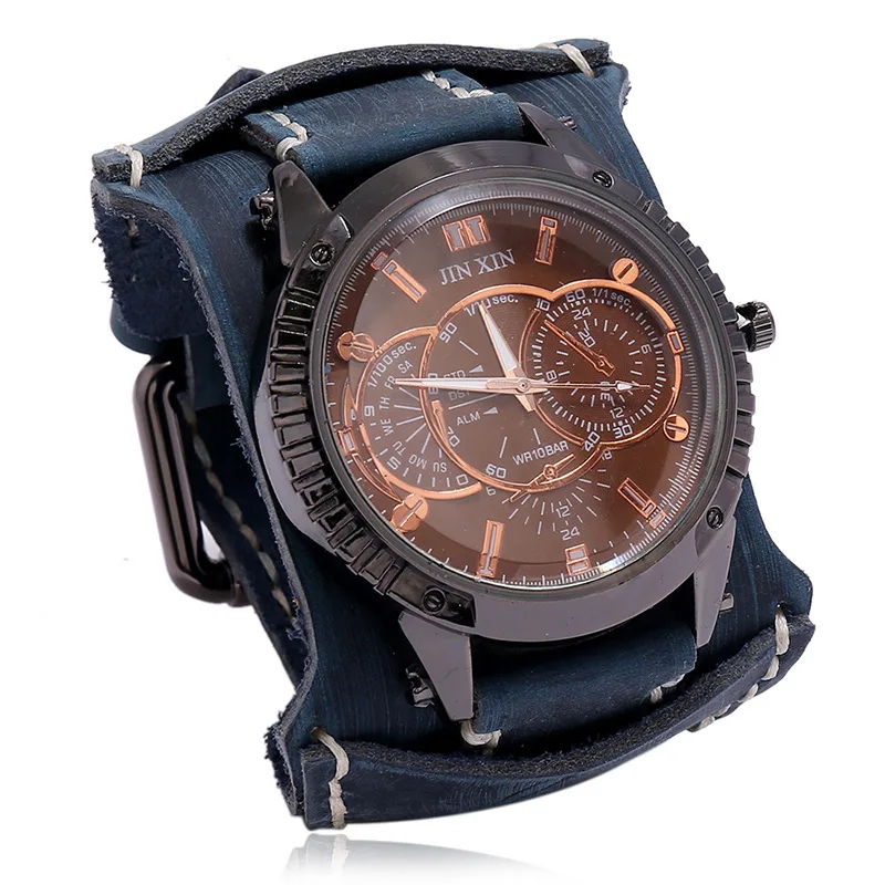 

Factory wholesale retro distressed men's leather watch personality punk wide leather bracelet cross-border jewelry