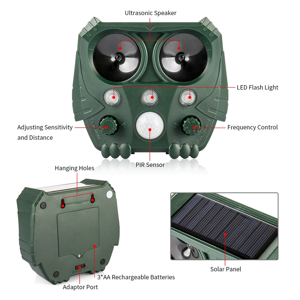 

Animal Repeller Ultrasonic Solar Power Bird Dog Cat Skunk Deer Raccoon Repellent