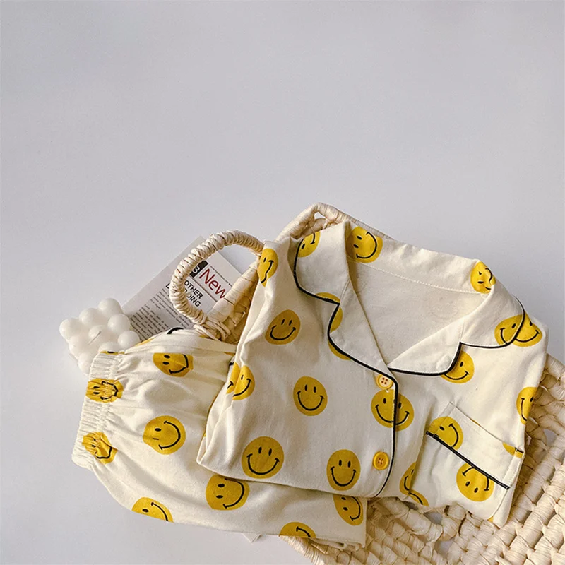 

Spring 2021 boys girls cute smile print pajamas sets kids children cotton cartoon sleepwear 2pcs suit Homewear