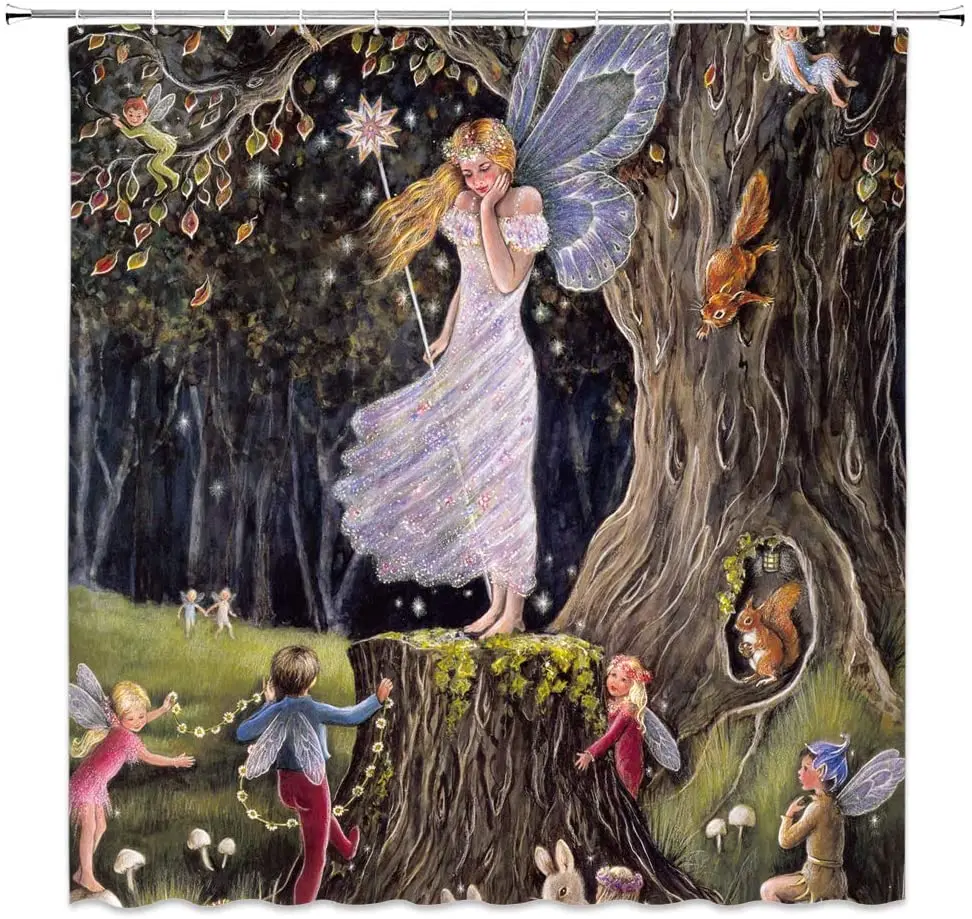 

Retro Elf Girl Shower Curtain Enchanted Forest Kids Decor Queen Fairy with Child Angel Squirrel Animal Playing in Jungle