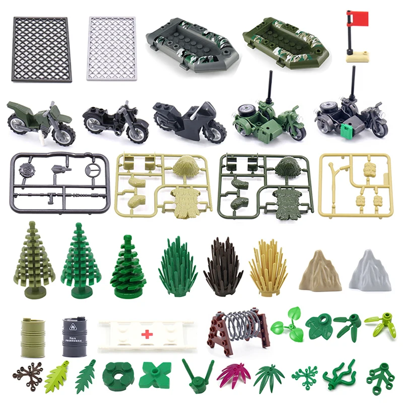 

Diy WW2 Military Scene Accessories Blocks Parts Gasoline Barrel Barbed Wire Military motorcycle Military Jungle MOC Accessory
