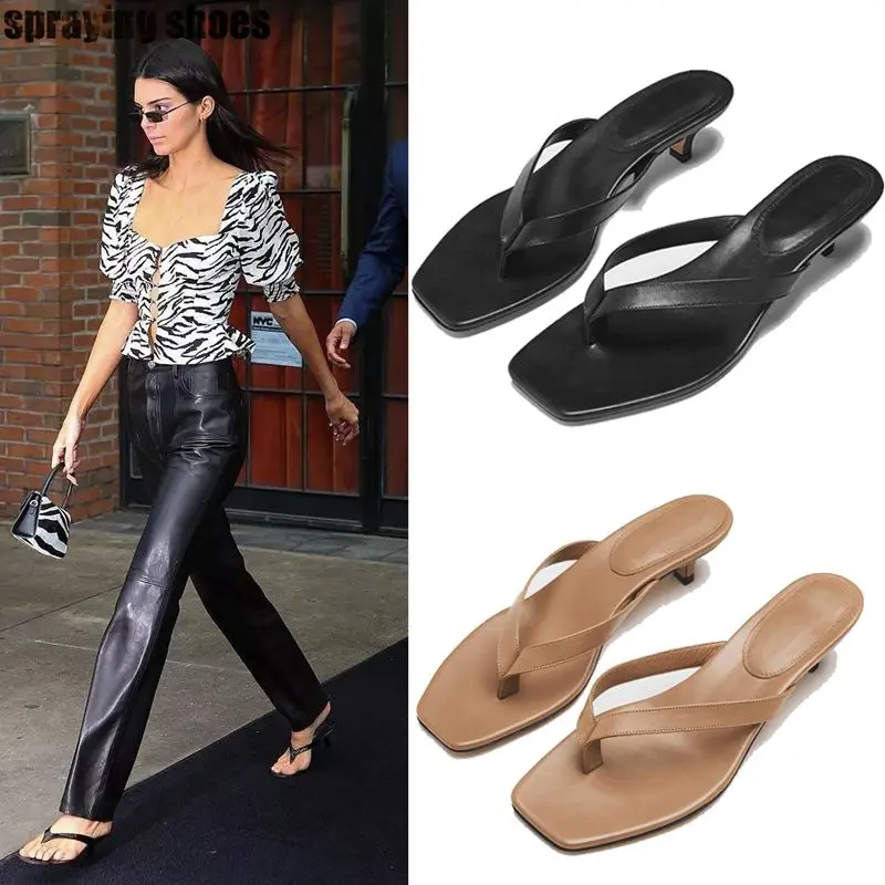 Kendall Jenner/пикантные летние шлепанцы с квадратным носком на каблуке рюмочка