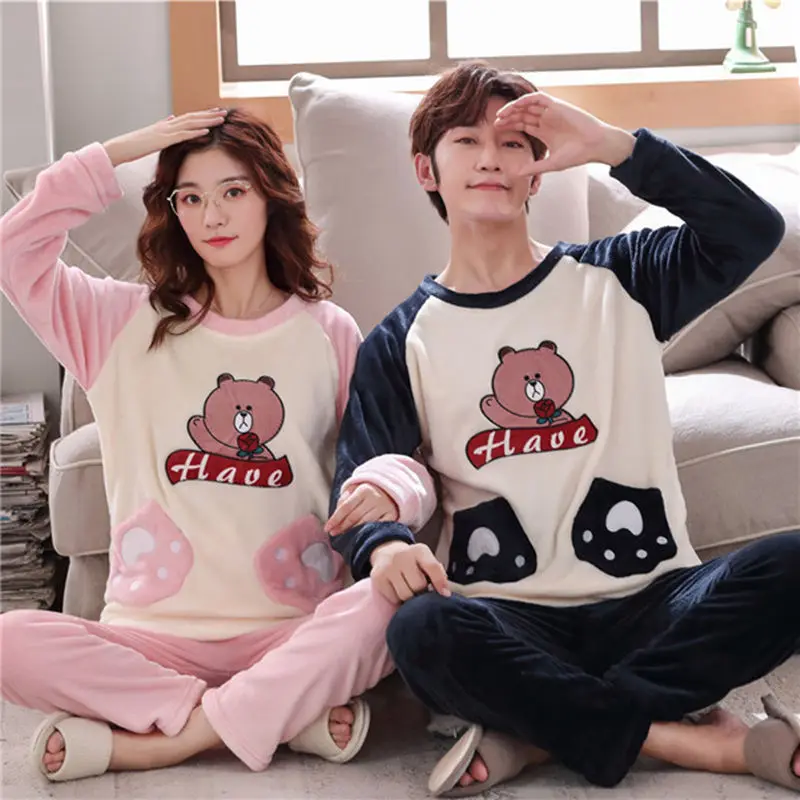 

Two Piece Set Korean Flannel Pajamas Winter Warm Couple Sleepwear Home Clothes Coral Fleece Thick Pyjamas Women Men Pijama Mujer