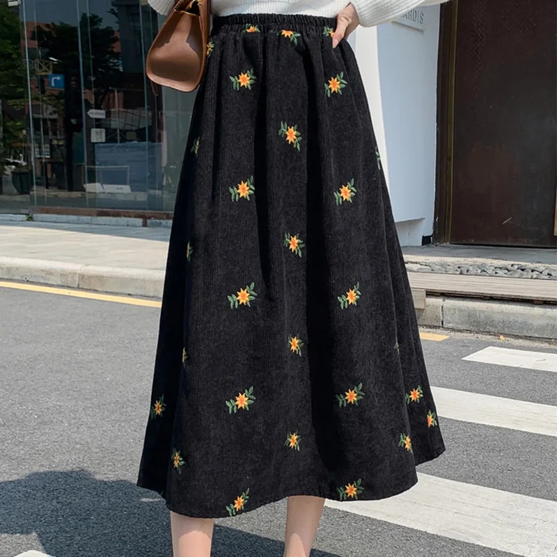 

Fashion Corduroy High Waist Winter Skirts Women Flower Embroidery Skirt Female Vintage Elastic Waist A-line Skirt