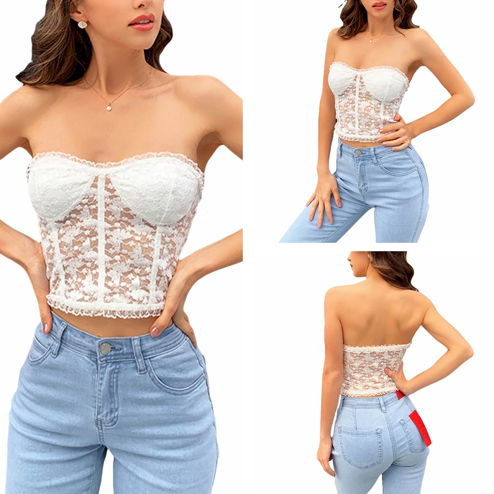 

Sexy Lace Streetwear Women Summer Tank Tops Lace Sheer Off Shoulder Sleeveless Tight Corset Tube Tops with Lined Chest for Girls