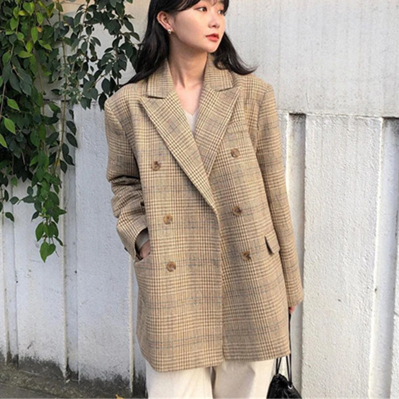 BGTEEVER винтажный двубортный женский Блейзер 2019 зимний уплотненный в клетку пиджак