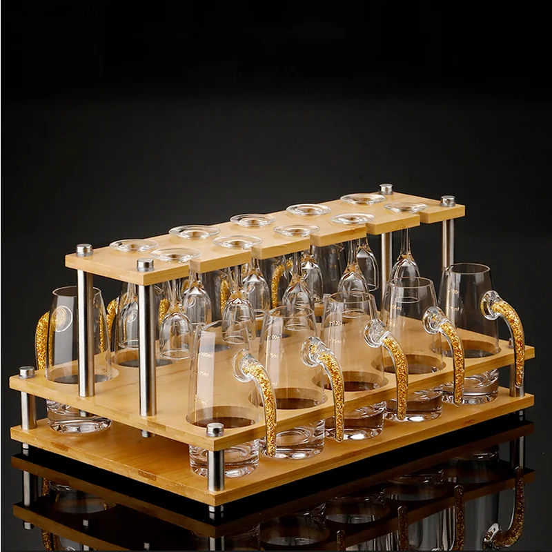 Набор хрустальных бокалов для вина плоские фляжки с деревянной подставкой