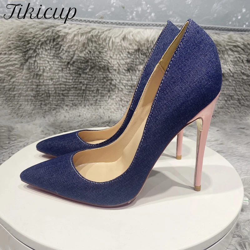 

Tikicup Women Blue Denim Blue Jeans Pointy Toe High Heel Shiny Pink High Heel Shoes Elegant Ladies Slip On Stiletto Pumps 8-12cm