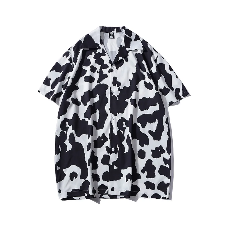 

Hawaii Beach Cow Spotted Flower Shirt Short Sleeve Men's Loose Hong Kong Style Retro Fashion Shirt Camisas Para Hombre