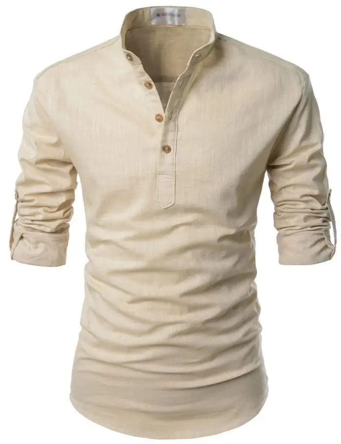 

2021 the new leisure fashion European yards youth pure color long sleeve shirt collar hemp material B17