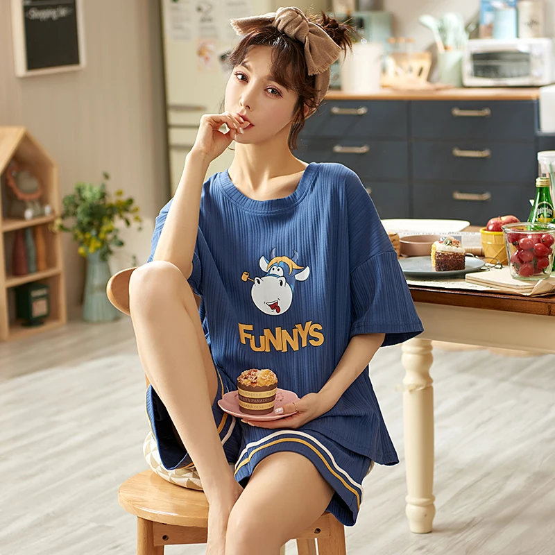 

Летняя новинка, Женская милая одежда для сна из 2 предметов, рубашка и шорты, пижамный комплект, ночная рубашка с принтом, мультяшное интимно...