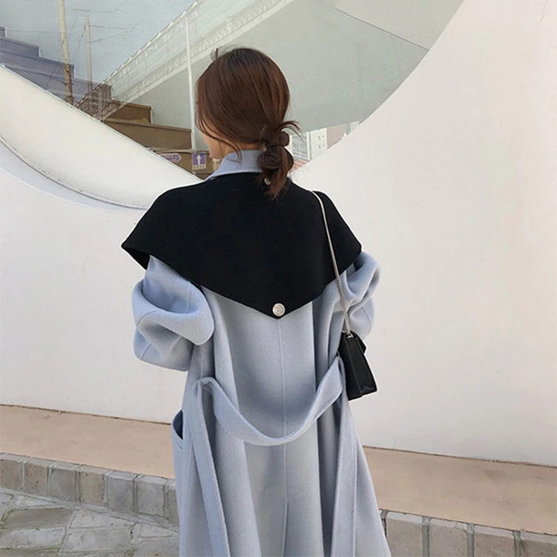 

Double Sides Wool Coat Women Fashion Cloak Long Overcoat with Belt Double Breasted Korean Style Loose Women Woolen Coats