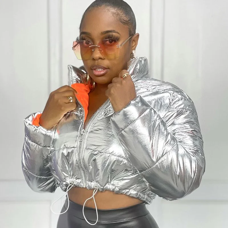 Блестящие пуховики Zoctuo для женщин тёплые Обрезанные пузырьки серебристого