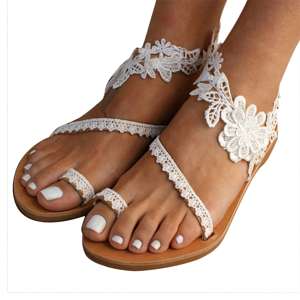 

Women Floral Slip On Toe Ring Flat Sandals Lace Ankle Strap Beach Summer Shoes A66