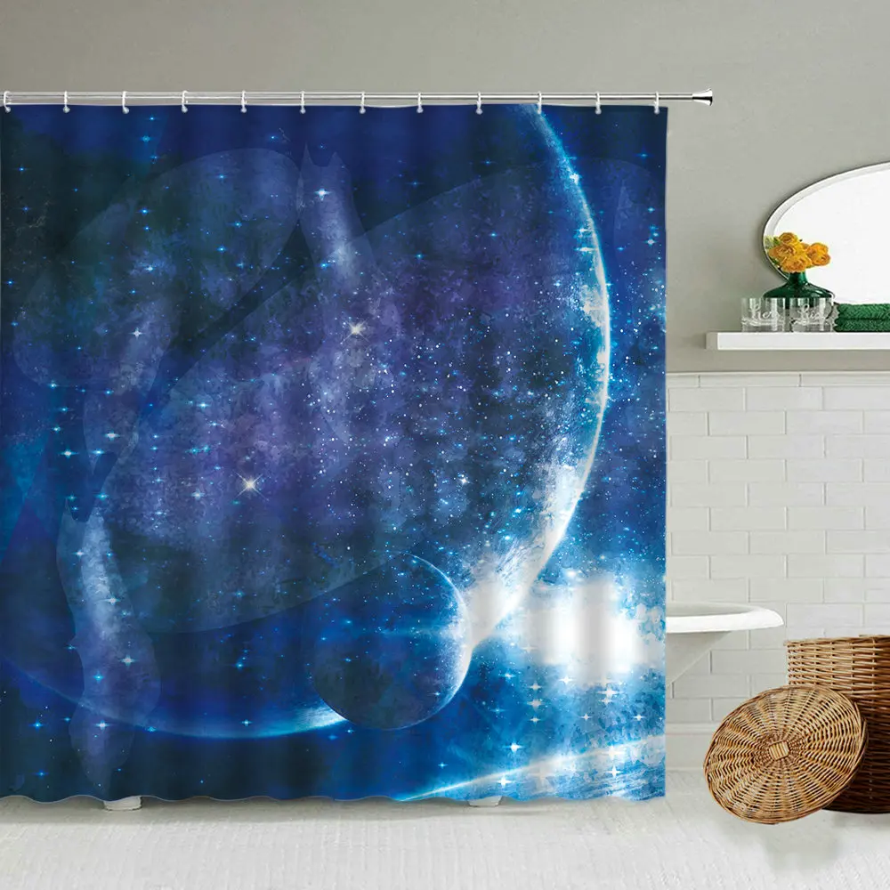 Galaxy Starry Sky Shower Curtain Celestial Literature Planet Landscape Home Bathroom Decoration Waterproof Polyester Curtains