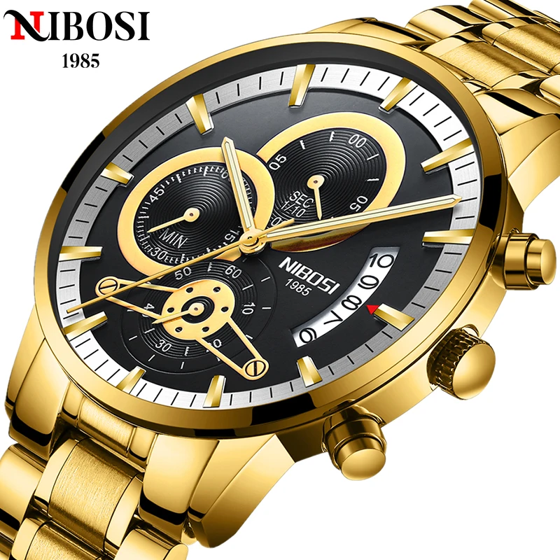 

NIBOSI Relogio Masculino Mens Watches Luxury Top Brand Gold Watch Men Automatic Date Watch Quartz Luminous Calendar Wristwatch